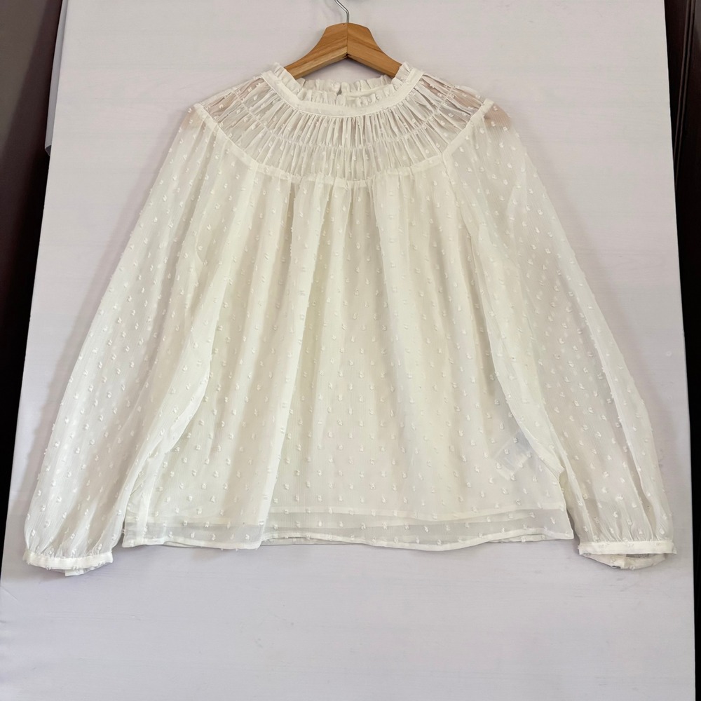 J Crew Cream Swiss Dot Mock Neck Blouse Long Sleeve Ruffle Chiffon Medium